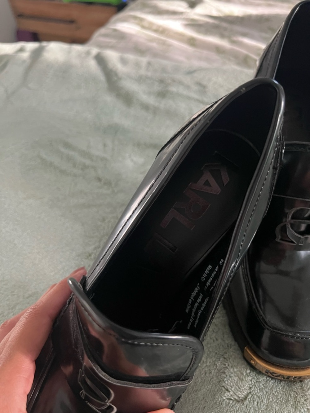 Karl Lagerfeld Black Patent Loafers with Tan Toe Accent - Picture 6 of 12